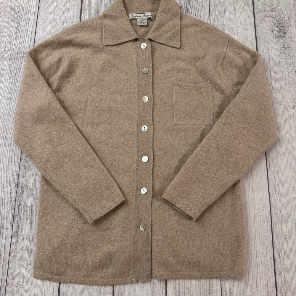 Stephanie Andrews 100% Cashmere Cardigan Women M Tan Button Front Collared